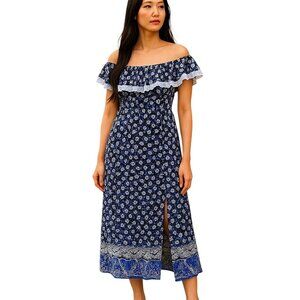 Floral Maxi Dress Blue Lovers + Friends Womens Size L front/Side slit Lace Trim